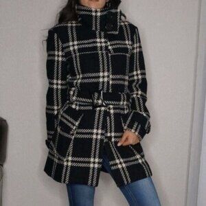 Dereon Black & White Plaid Plaid Coat Wood Blend Turtle Neck V-Neck Size S